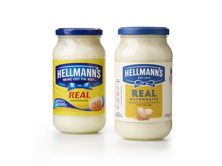 Hellmann 的品牌包裝設(shè)計(jì)，藍(lán)絲帶標(biāo)志，手繪字體